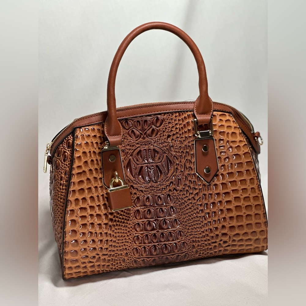 Pecan Brown Faux Crocodile Purse with Shoulder Strap.